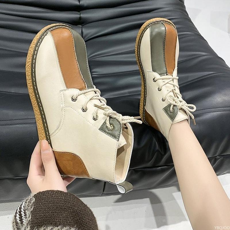 Dámské kotníkové boty Nové 2024 Retro kožené šněrovací dámské boty Vintage podzimní ležérní ploché krátké boty Botas De Mujer