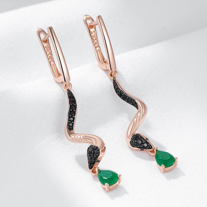 Green Natural Zircon Snake Drop Earrings For Women  Rose Gold And Black Plating Vintage Animal Daily Punk Jewelry
