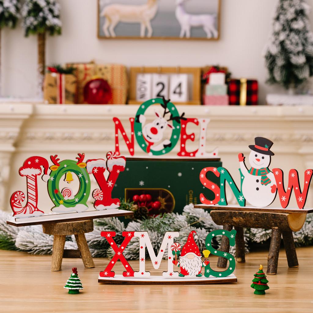Wooden Christmas Cheerful Desk Decorations Featuring Colorful Santa Snowman And Reindeer