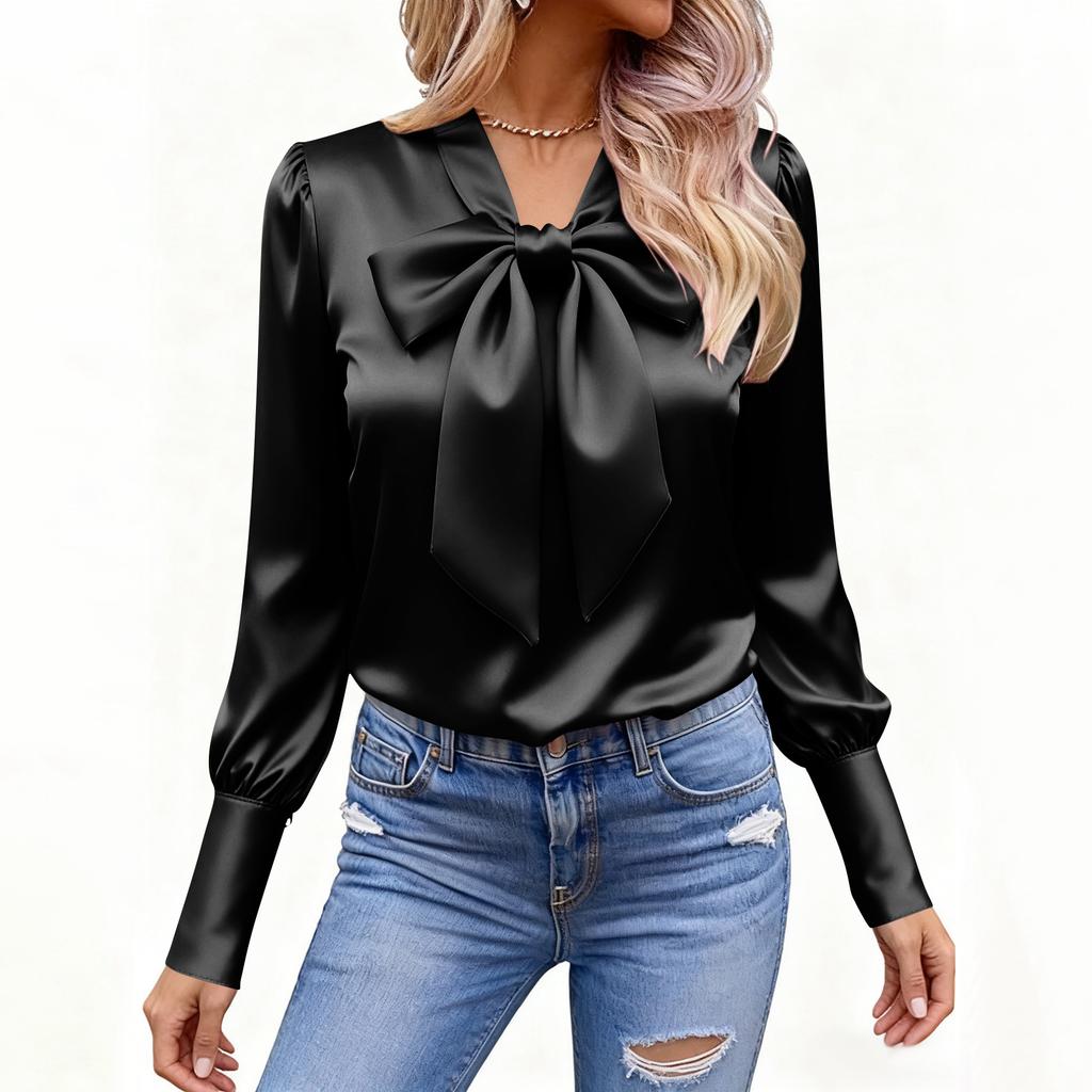 Women's Fashionable Solid Color Round Neck Long Sleeved Bow Casual Versatile Shirt Top