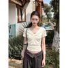 Korean V-neck kink short-sleeved t-shirt women's summer slim-fit pleated versatile top