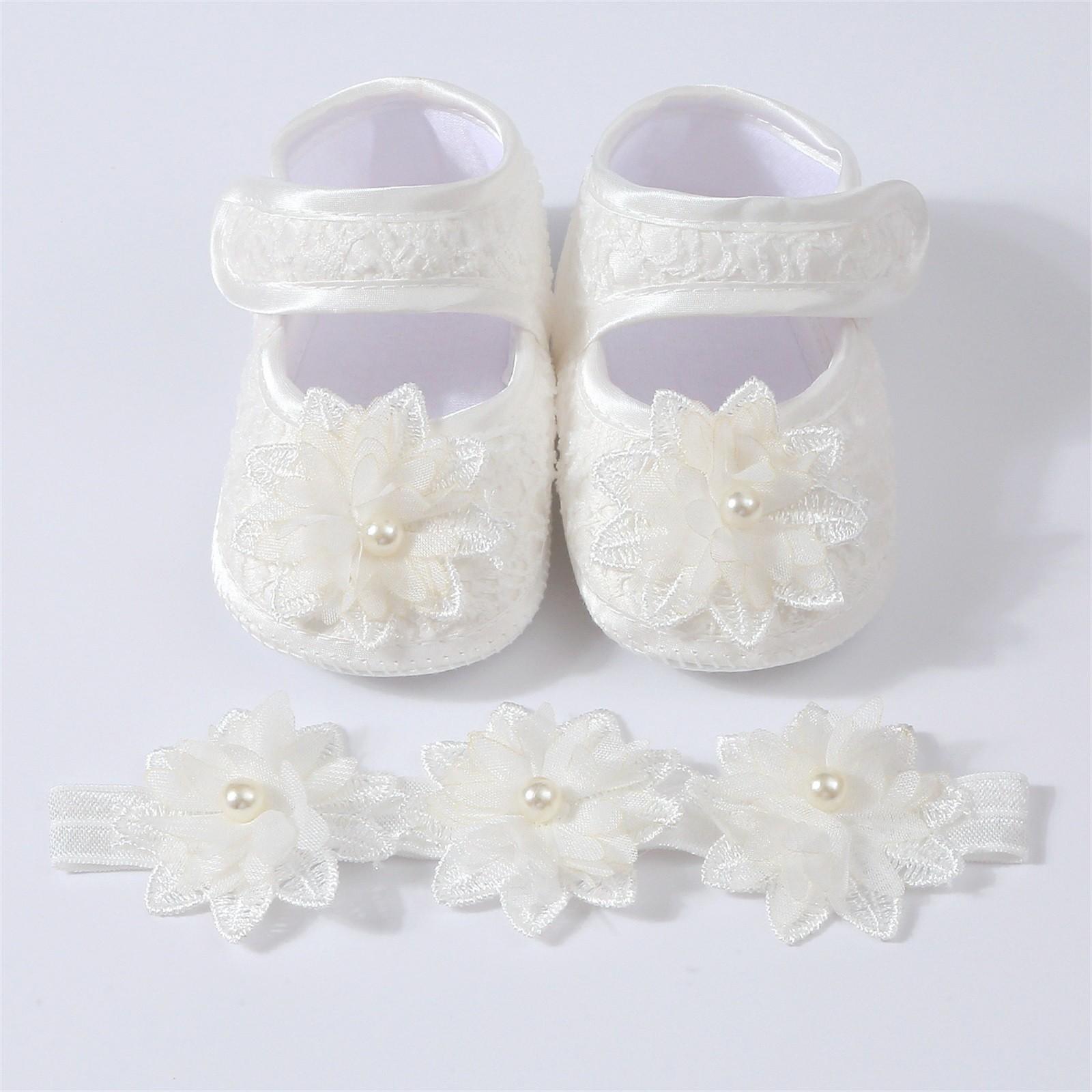 

Детские туфли с цветочным жемчужным бантом на клею + набор с резинкой для волос S белый