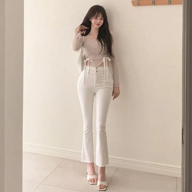 

Autumn New Korean Fashion Elegant Simple Slim fit Sheath Solid Frayed Edge Micro-Pull Capri Jeans Age-Reducing Women Milky White(Figure) L