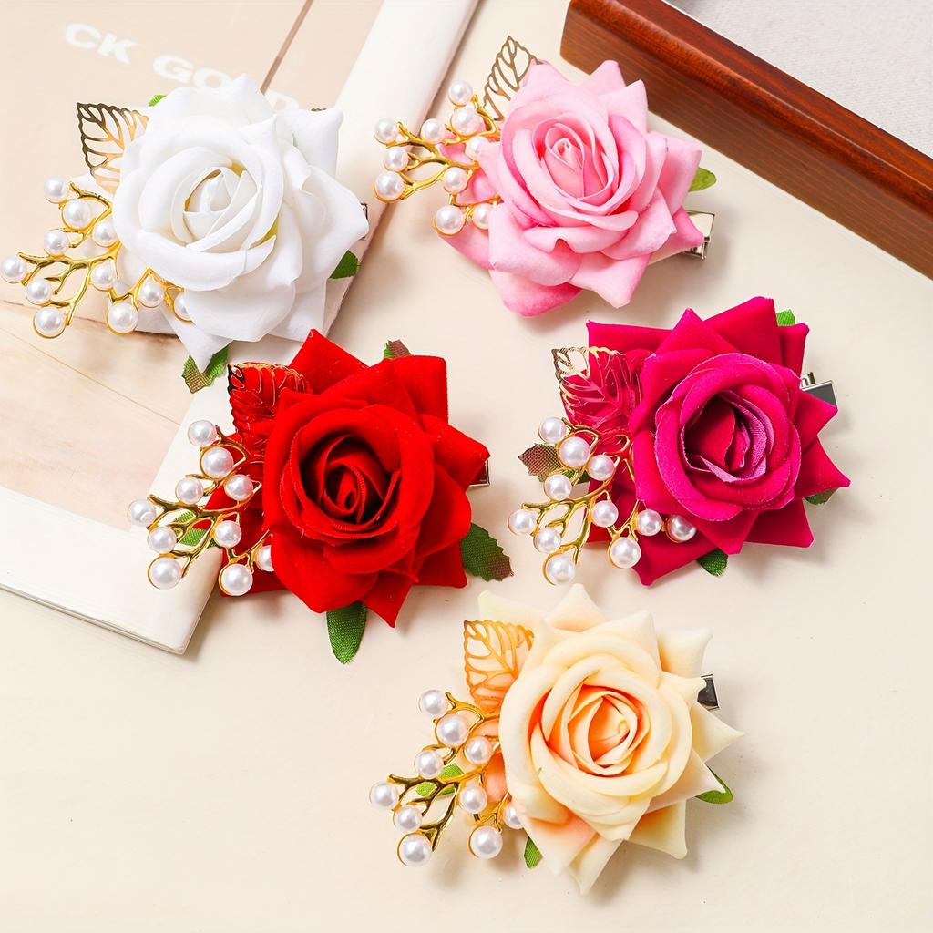 high qualityFive-piece Set Of Women's Elegant Hairpins - Rose Flower Design, Polyester Fiber - Spring & Summer Wedding Bridal Head Accessories | Hand
