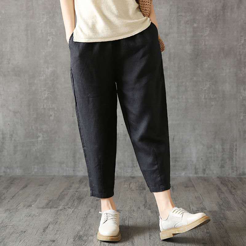 Women Plus Size Harem Cropped Pants Elastic Waist Cotton Linen Blend Loose Casual Summer Tapered Trousers