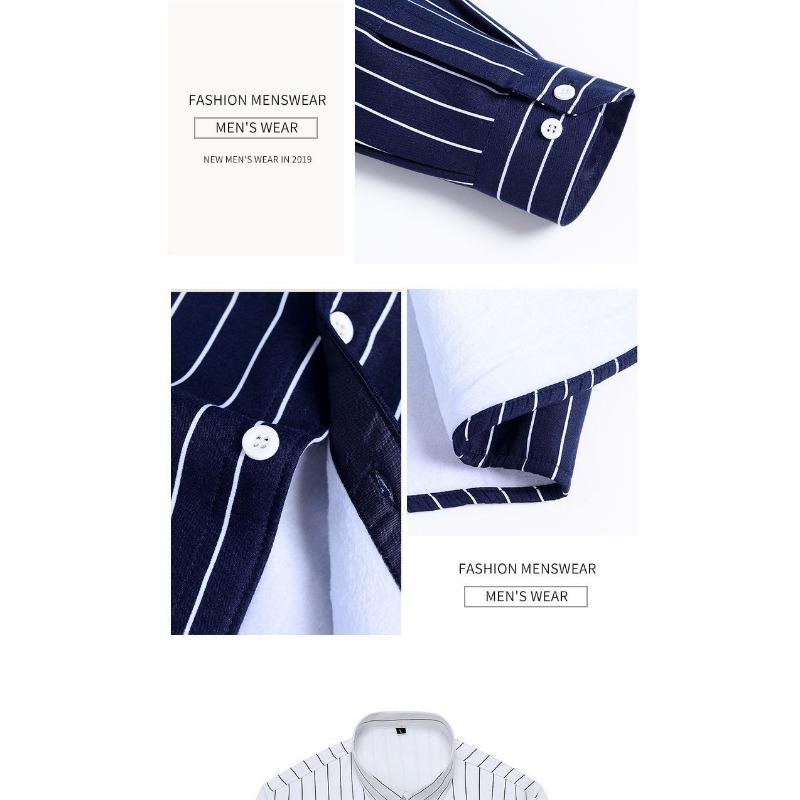 Men's Blue & White Striped Stand Collar Shirt Thickened Casual Long-sleeve Top