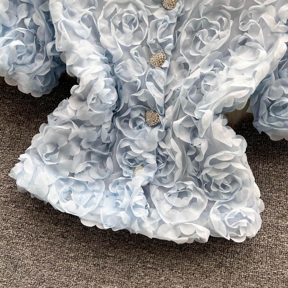 RUGOD Niche Design Sense Mesh Flower Kort Temperament-skjorte for kvinner Sommer Ny Slim Enkeltspente All-Match-topp