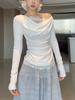 Spring Sweet Lace Patchwork One-Shoulder Slimming Long Sleeve T-Shirt Top
