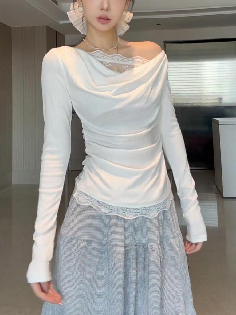 Spring Sweet Lace Patchwork One-Shoulder Slimming Long Sleeve T-Shirt Top