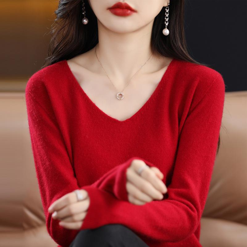 Dámský svetr podzim zima pletený svetr s výstřihem do V Košile s volným dnem jednobarevné měkké úplety svetry Základní svetry
