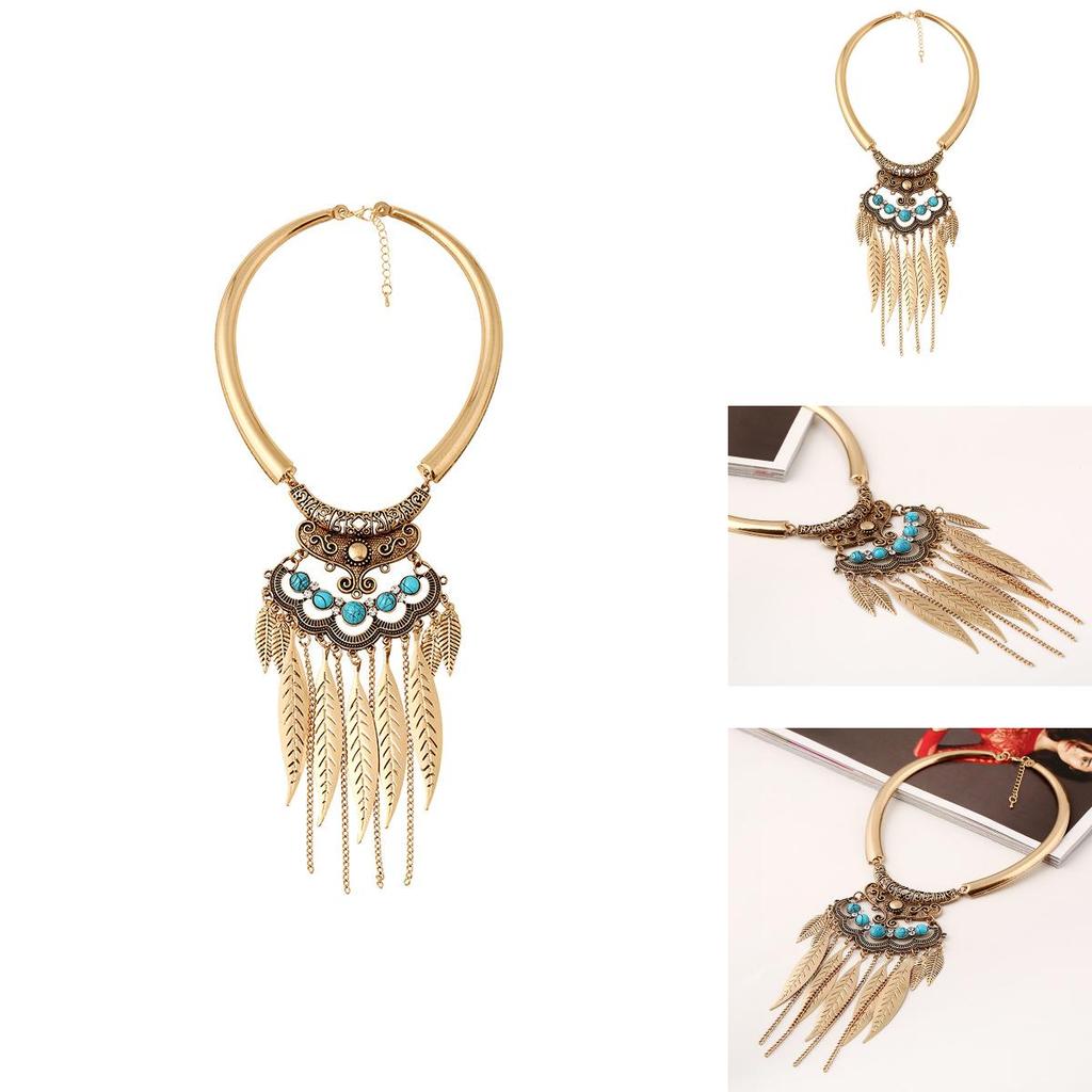 Vintage Gold Leaf Pendant Necklace With Tassel For Boho Fashion And Casual Wear