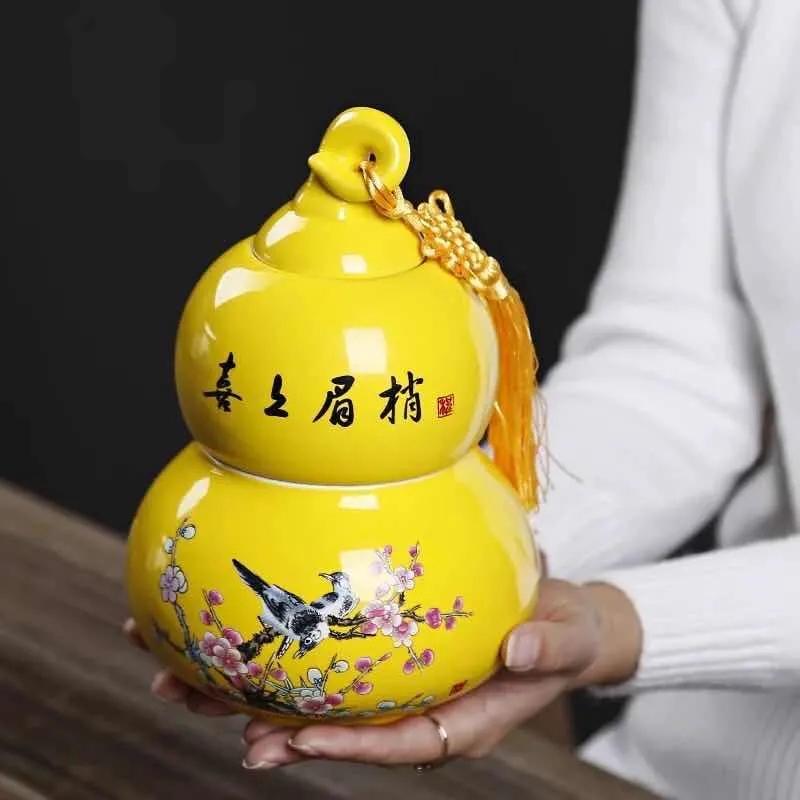 Gourd Shaped Double-layer Tea Caddy Ceramic Tea Storage Tank Non Woven Cover Sealed Tea Can Porcelain Ornaments Nut Storage Pot
