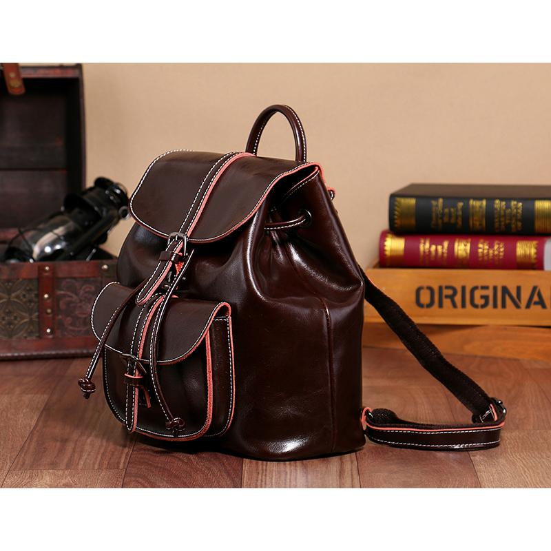 Genuine Waxed Leather Drawstring Women Backpacks Flap Ladies Travel Bag Stylish Korean Girl's School Bags