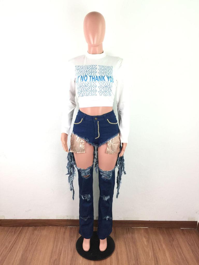 Women's Fashion Ripped Rhinestone Tassel Hip-Lifting Jeans