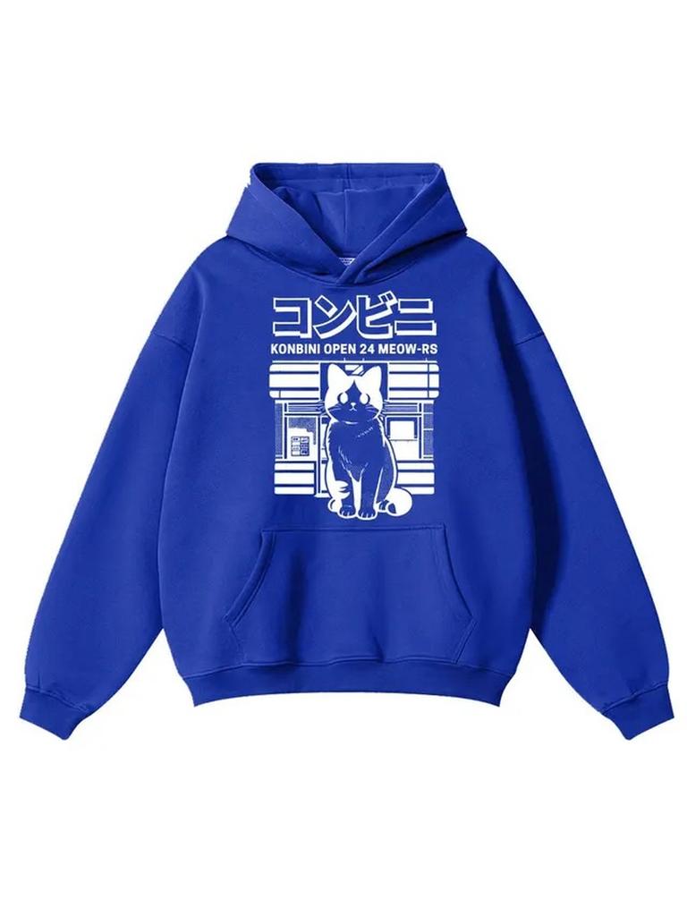 Men Japanese Style Cat Convenience Store Front Print Hoodie Pullover Sweatshirt Anime Black White Art Casual Streetwear Oversized Loose Hooded Tops