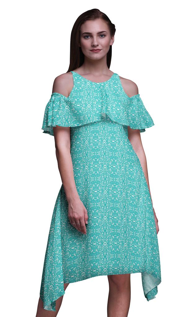 Bimba Block Print Cold Shoulder Women Swing Tunic Flutter Sleeve Midi