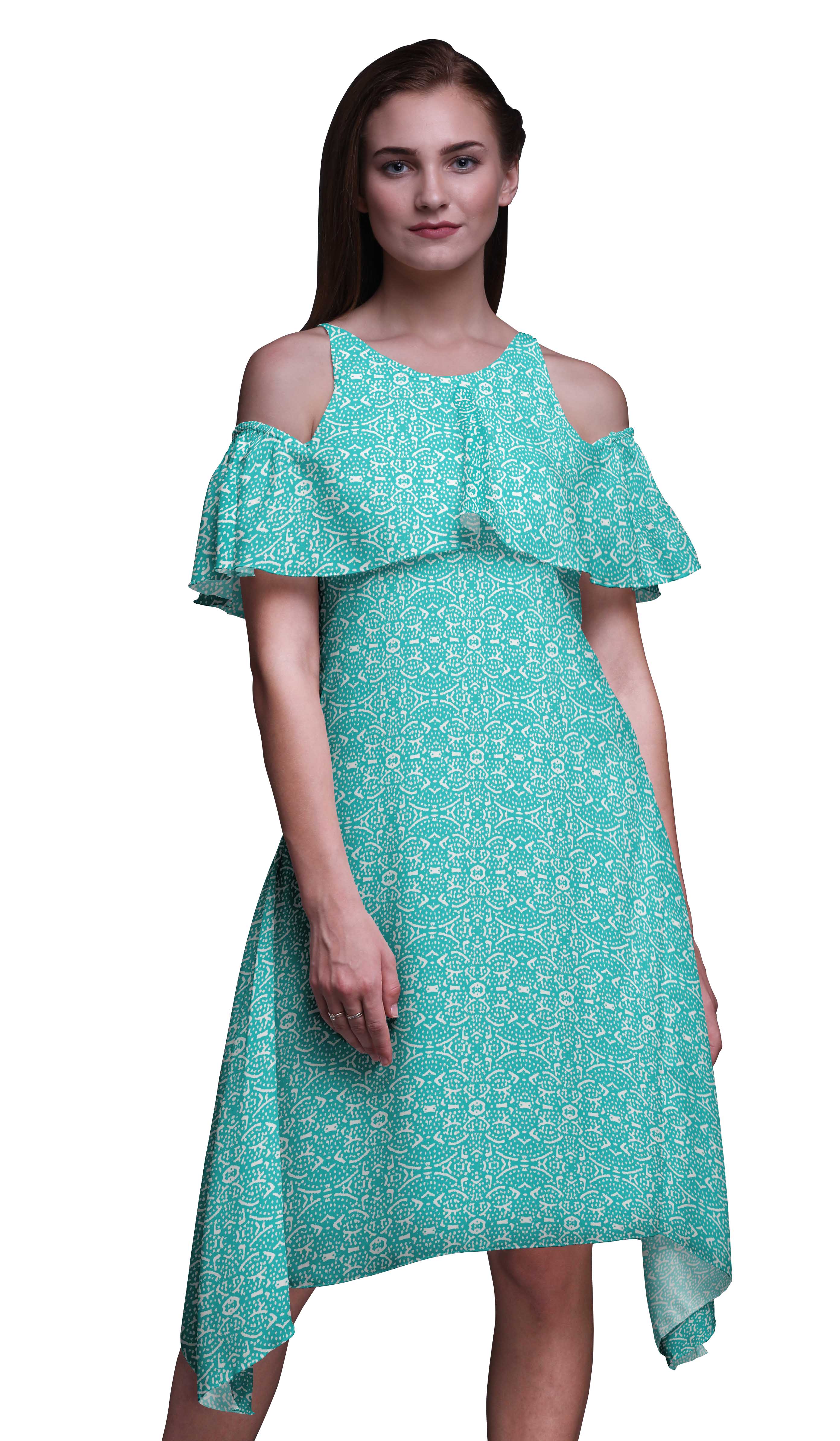 

Bimba Block Print Cold Shoulder Women Swing Tunic Flutter Sleeve Midi XXX-Large бірюзові зелений колір