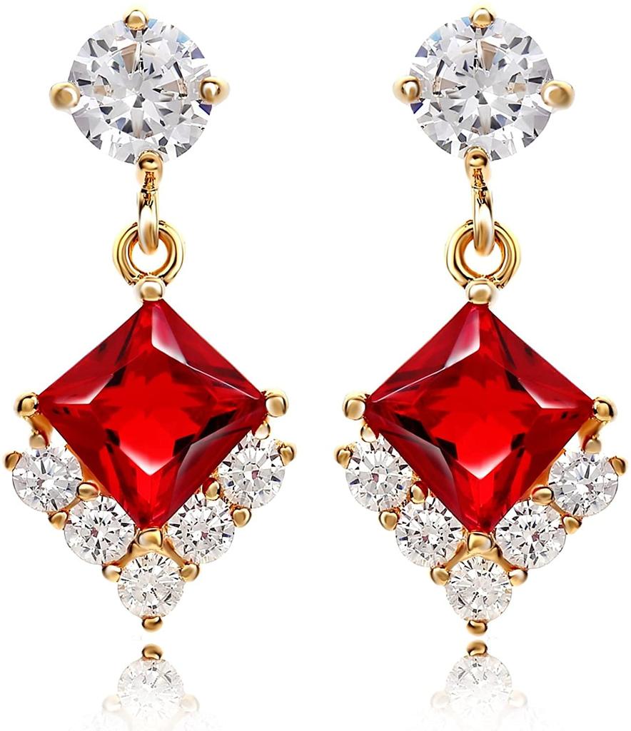 Ruby Red 18K Princess Cut CZ Dangle Hollywood Celebrity Jewelry Earrings, Gold, Diamond, Earrings, 18KGP,