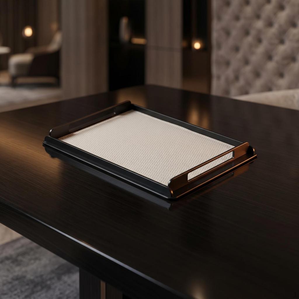 Tray with Handles Rectangular Metal Frame Platter for Desktop, Coffee Table, Vanity Creamy