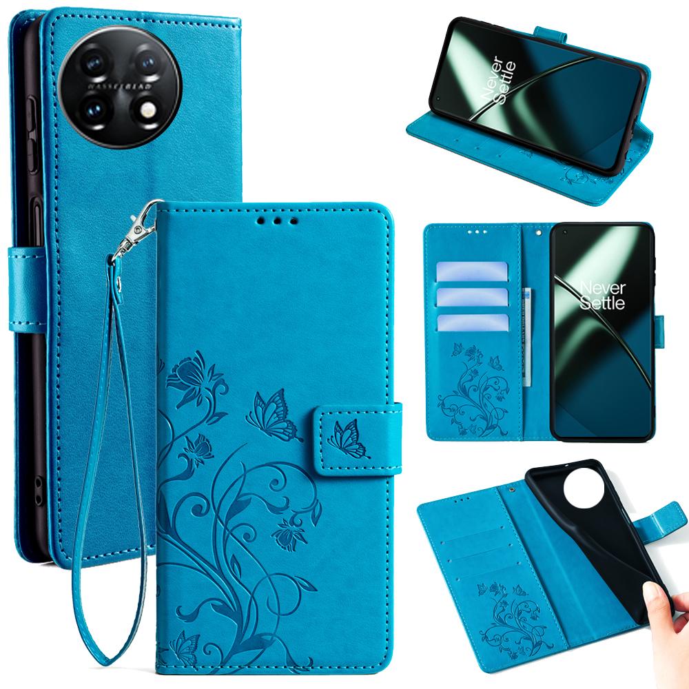 For OnePlus 11 5G Case Butterfly Flower Imprinted PU Leather Flip Phone Cover with 3 Card Slot