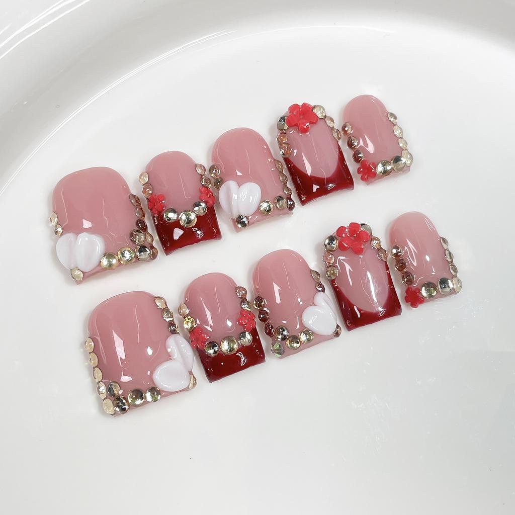 10pcs Nude Pink Handmade Press On Nails Short Square Bow Flower Diamond French Tip Fake Nails