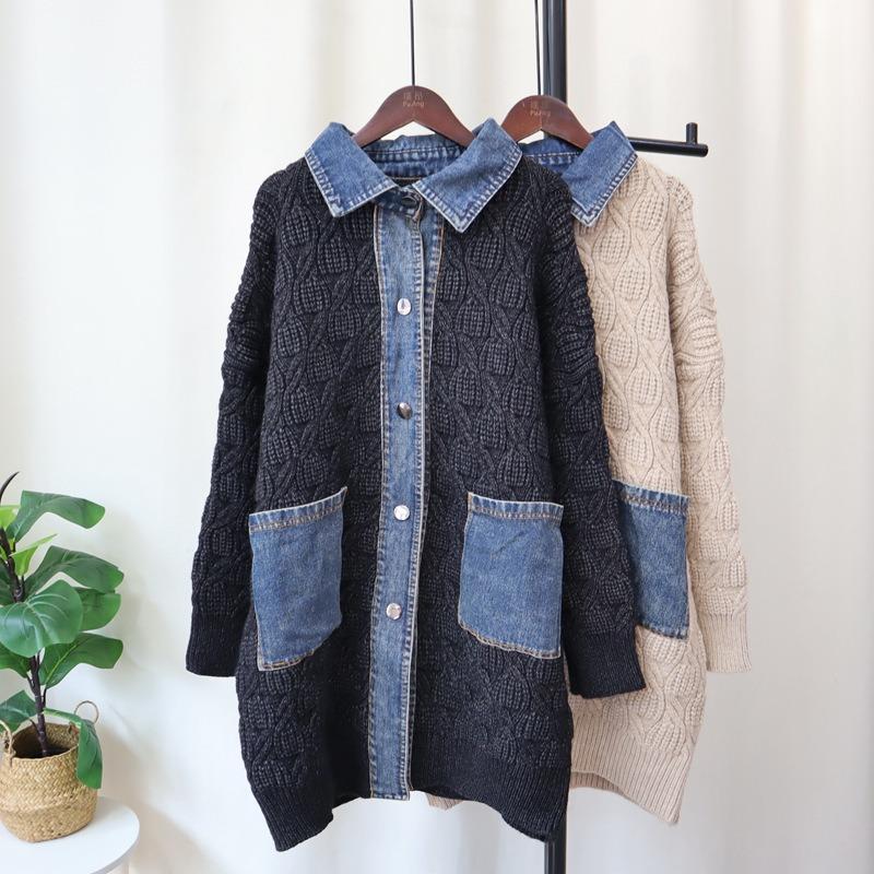 Coarse needle sweater lazy wind women's autumn and winter new loose splicing denim knitted cardigan long coat