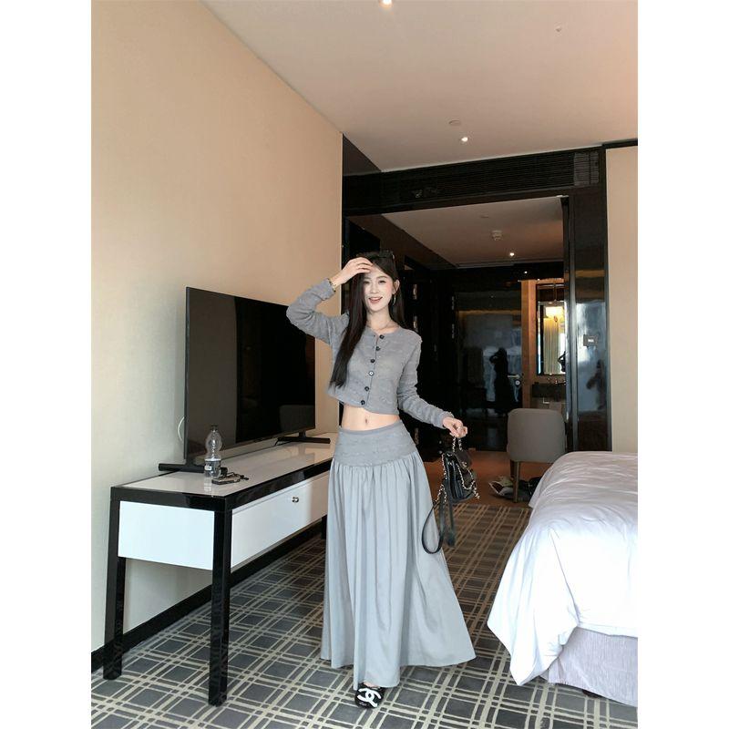 Kumikumi Sweet Style Suit Single-Breasted Long Sleeve Knitwear Women's Autumn High Waist Drooping Skirt Two-piece Set