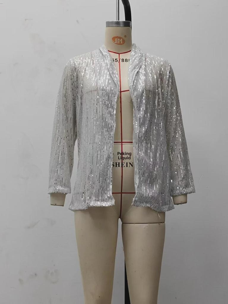 Chaqueta de solapa de manga larga con lentejuelas de longitud media para mujer (primavera de 2025)