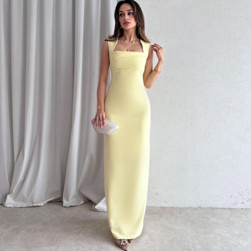 2025 Women's Sleeveless Square Neck Solid Color Bodycon Midi Dress