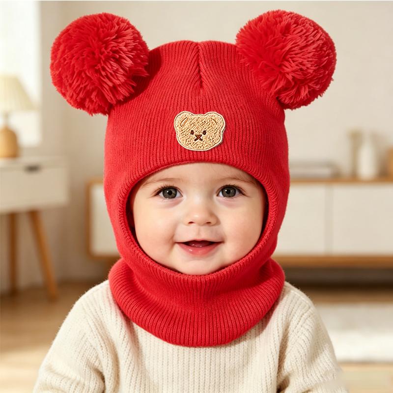 Xiaomi 1 Stück Süßer Bär Bommel Baby Strick Sturmhaube Mütze, Winddicht Ohrenschutz Säugling Mütze für Herbst Winter Täglich Outdoor 0-3Y rot