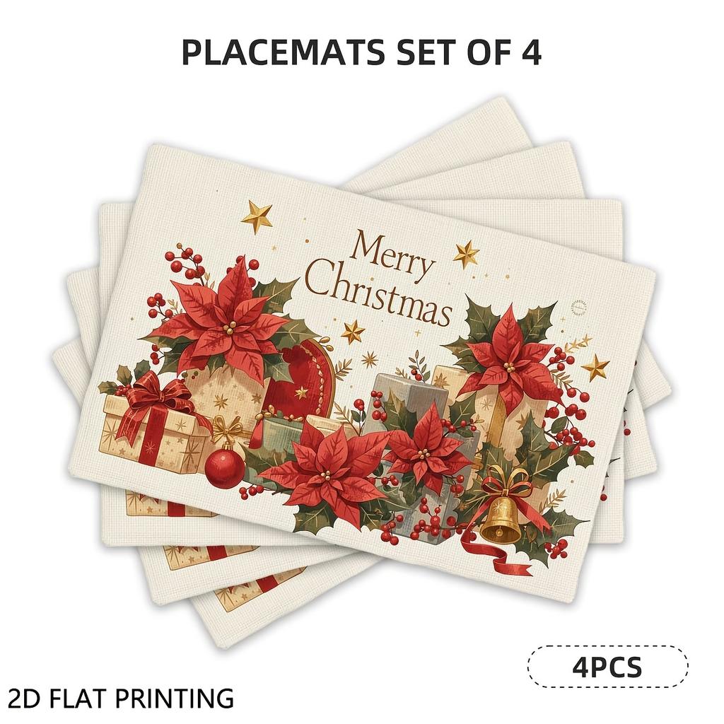 4pcs/6pcs Vintage Christmas Floral Placemats Suitable for Xmas Decorations, Farmhouse Table Mats with Fabric, Rectangular Place Settings for Holiday D