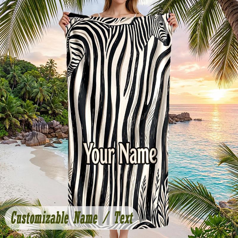 Zebra Star Blanket Theme Quick Dry Beach Towel Custom Name Text Print Large Sand Resistant Towel Beach Vacation