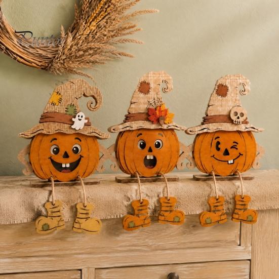 Small Pumpkin Statues for Desks 3PCS Distressed Wooden Ornaments, Witch Hats And Ghost Patches Harvest Seasonal Shelf Accents Decor, Halloween