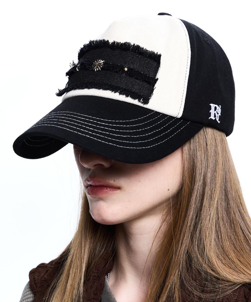 Aleseueseussi Denim Patched Rivet Ball Cap - Black/Ivory