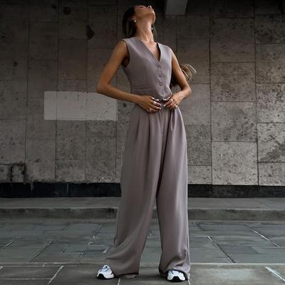 Damen Weste mit V-Ausschnitt, ärmellos, drapiert, weites Bein, Westernhose, lässiger Anzug