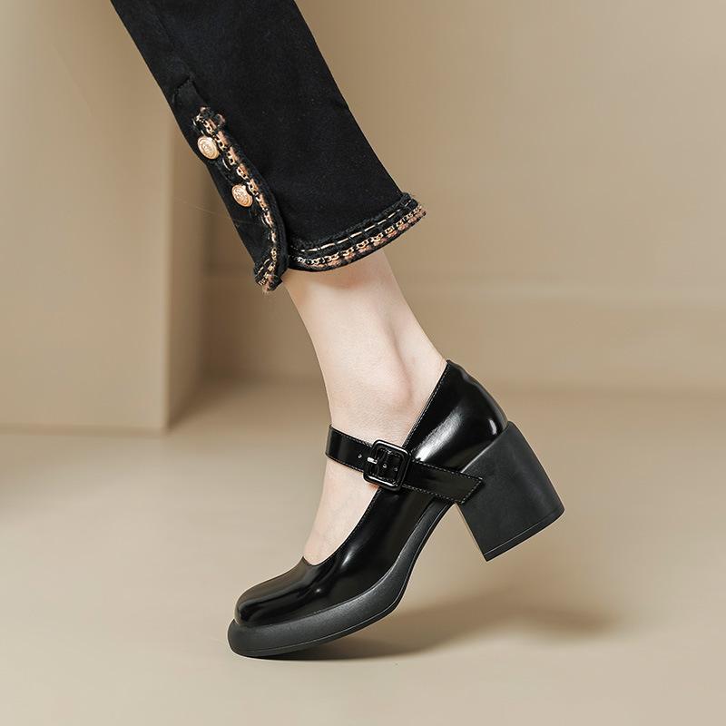 

Туфли-лодочки на высоком каблуке кремового цвета, лолита, толстый каблук, круглый носок, мягкая подошва, с ремешком и квадратной пряжкой, для маленькой девочки, для сочетания 40 чёрный