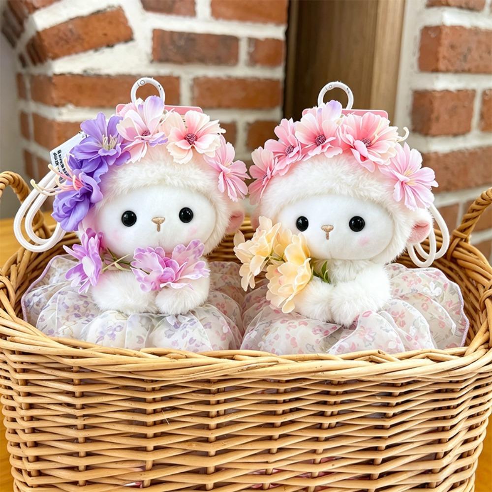 Lamb Shape Sheep Doll Keychain Plush Soft Stuffed Key Ring Floral Skirt Plush Lamb Charm Gift