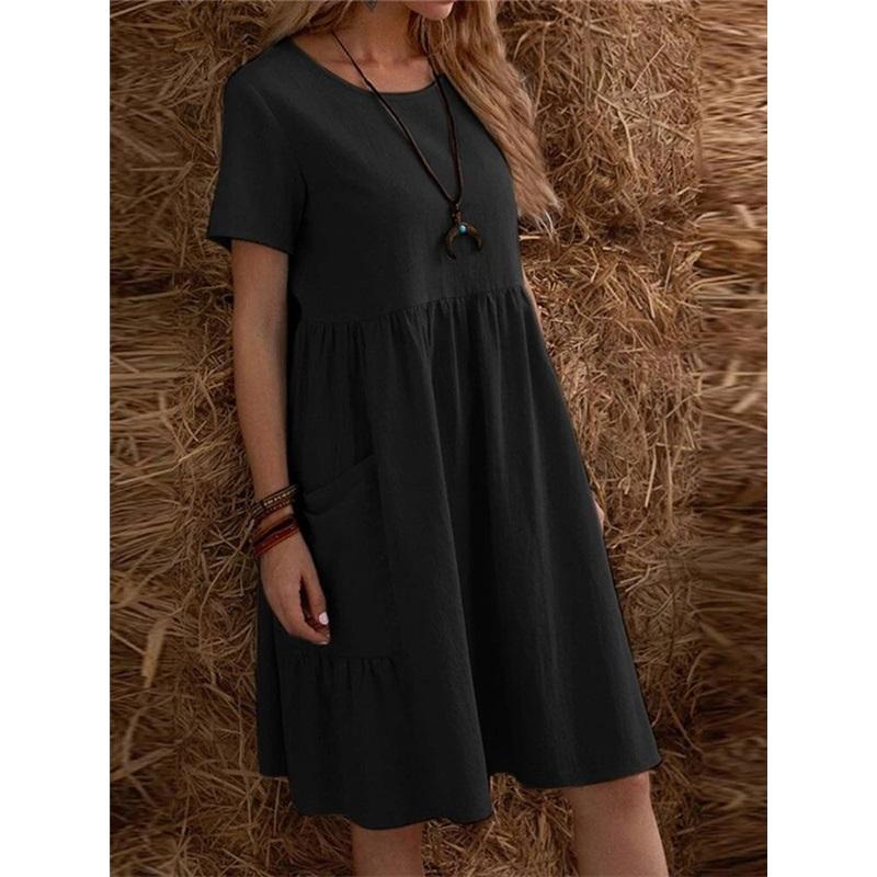 Summer European And American Ladies Loose Pockets Solid Color Round Neck Women's Cotton And Linen Dress Loose Casual Simple Elegant Daily Long Skirt
