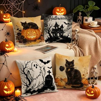 Halloween Spooky Linen Pillow Cover 1pc Indoor Decorative Sofa Cushion Cover with Pumpkin and Cat Design for Home Decoration