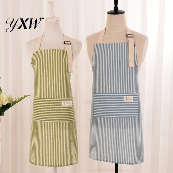 Kitchen Tool Storage Apron Cotton Linen Striped with Pocket Breathable Waterproof Oil-proof Bib Adjustable Men Women Chef Cooking Baking Sleeveless