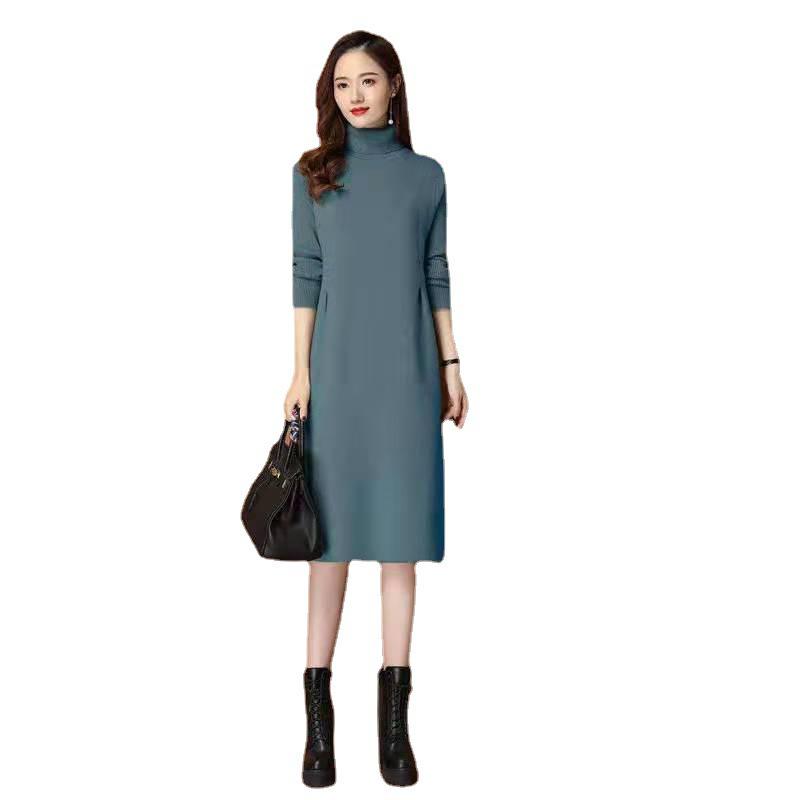 2025 Women's Winter Turtleneck Sweater Dress - Mid-Length Pullover with Over-Knee Skirt and Cashmere Coat