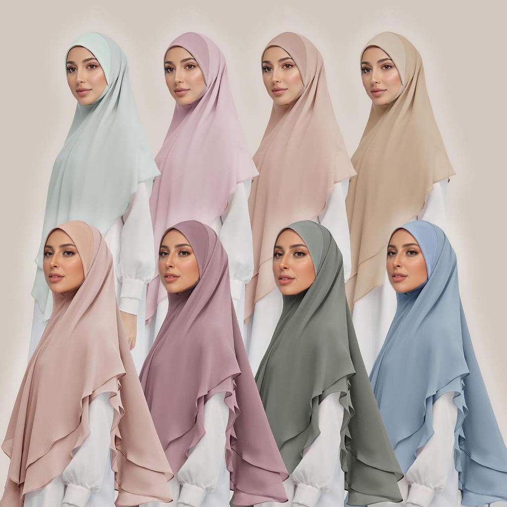 1pc Double Layered Chiffon Ready To Wear Instant Hijabs Solid Headscarf Foulard Femme Musulman Shawl Wrap Bandana