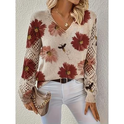 Elegant Autumn and Winter, Bohemian, Western-style Versatile Pullover V-neck Long Sleeved Women's Top, Trendy Women's Knitted Sweater