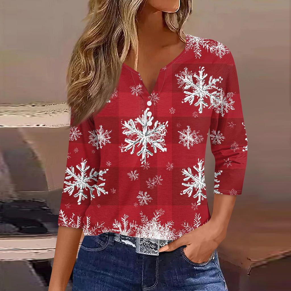 Damenmode Lässig Halloween Bedruckt V-Ausschnitt Kurzarm Zierknopf Dreiviertelarm T-Shirt Top