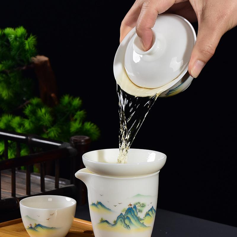 White porcelain tea set business gift cover bowl tea set gift box set suet jade porcelain high-end kung fu tea set