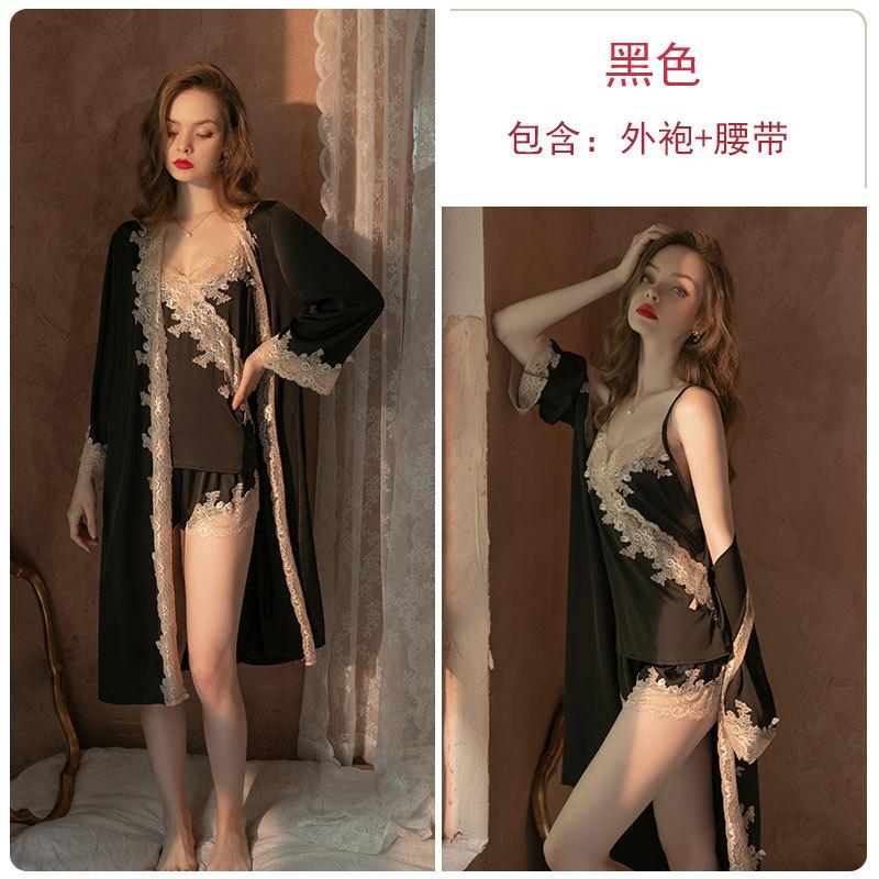 Women's Satin Lace Cami Shorts with Tie Robe Bathrobe Lounge Set