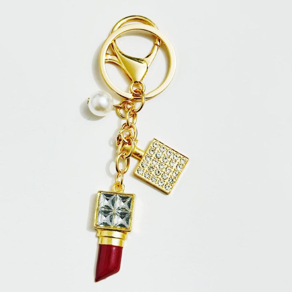 Rhinestone Perfume Bottle Lipstick Pearl Keychain Charm