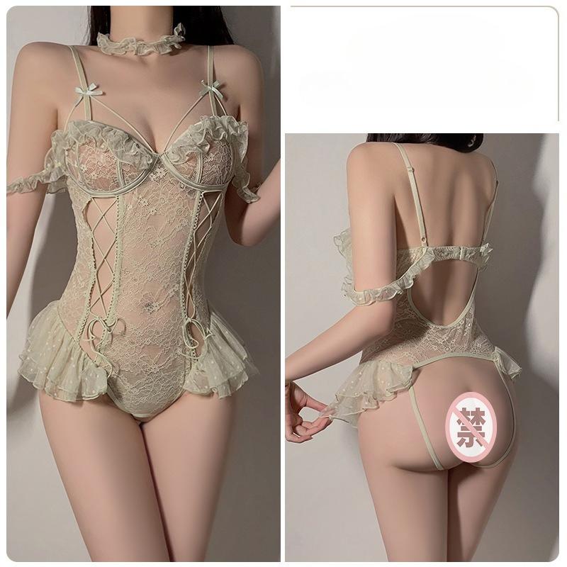 Women’s Sheer Mesh Lace Bodysuit Sexy Open-Crotch Backless Lingerie with Collar Strap