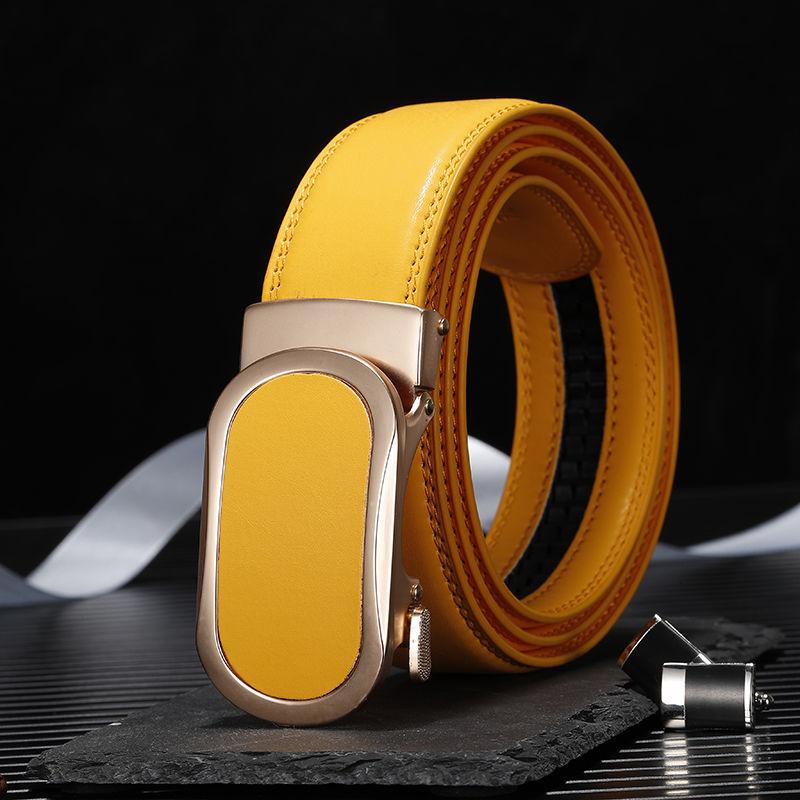 High Quality Leather Belt Yellow Cowhide Red Automatic Buckle Belt Blue White Trouser Belt