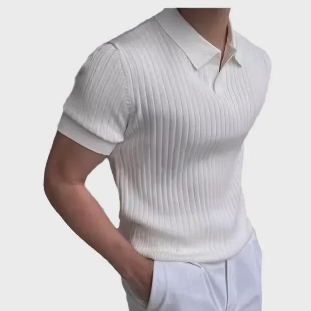 Polo pentru bărbați de vară cu dungi și gât în V - Croială slim fit, mânecă scurtă, tricot din mătase de gheață
